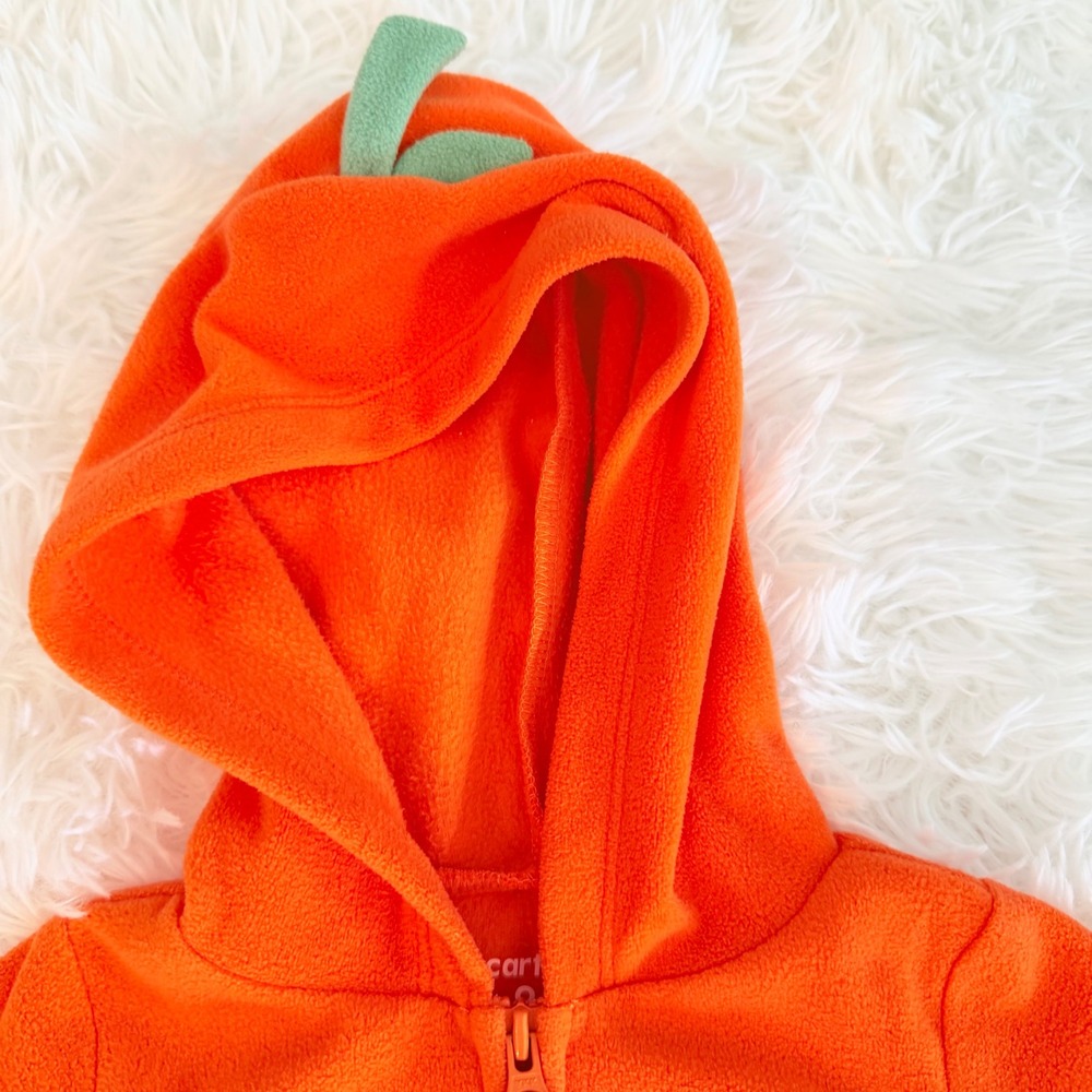 Carter's Baby 9M Pumpkin Fleece Jumpsuit Halloween Costume Orange Hooded Romper - Picture 4 of 8